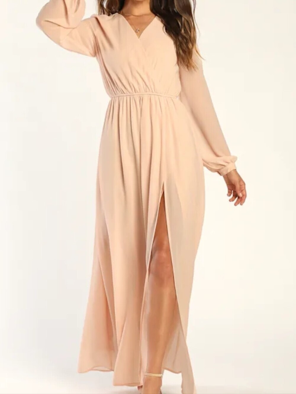 Lulus Wondrous Water Lilies Blush Pink Chiffon Surplice Billowing Maxi Dress- L